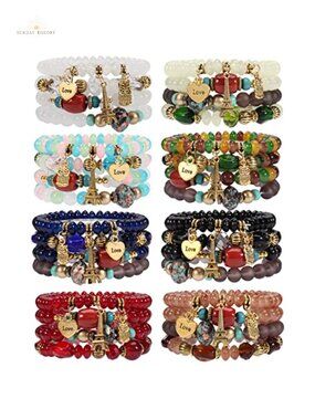 Bohemian Stretch Bracelet Set Multilayer Chain Tassel Stackable Charm